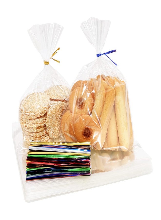 XLSFPY 100PCS Cellophane Bags 6x8 inches, Clear Treat Bags with 4’’ Twist Ties, Plastic Cello Bags - 1.4 mils Thick OPP Rice Crispy Bags for Gift Goodie Favor Candy Cake Pop Birthday Party Cookies (6’’ x 8’’) - Image 1
